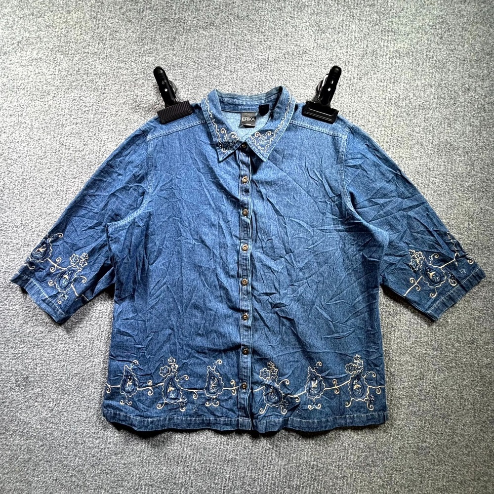 VTG Erika Shirt Women's 2X Blue Denim Button Front 3/4 Sleeve Floral Embroidered